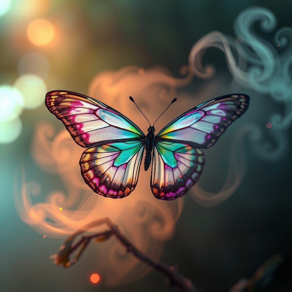 Ethereal Iridescent Butterfly in a Cyberpunk Mist