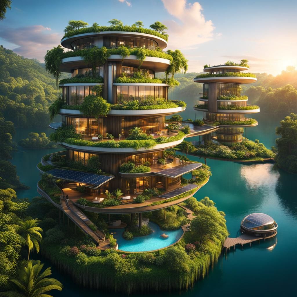 Solarpunk Apartment Oasis on Island at Sunset