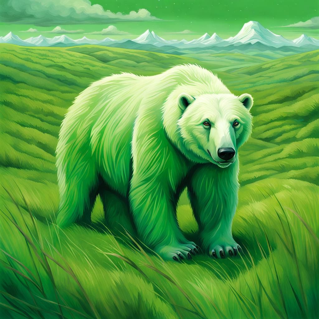 Green Polar Bear in Tundra: Climate Change Concept Art