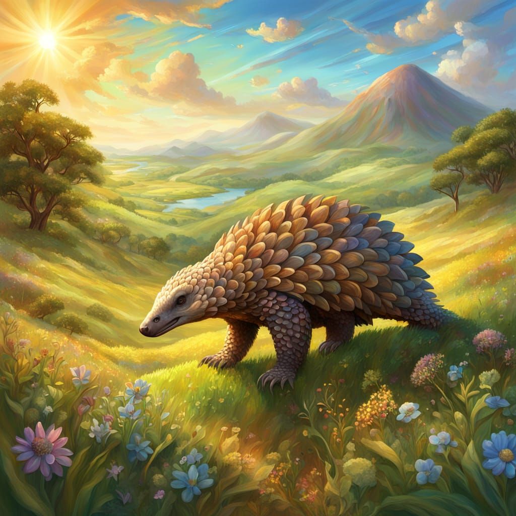 Pangolin in Utopian Meadow: Vibrant Digital Art