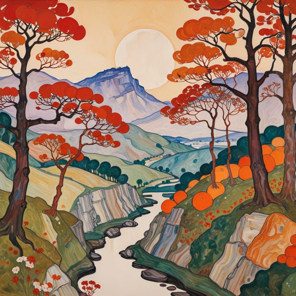 (landscape:1.5), Egon Schiele, red and tangerine, fine-tuned naïve art whimsical