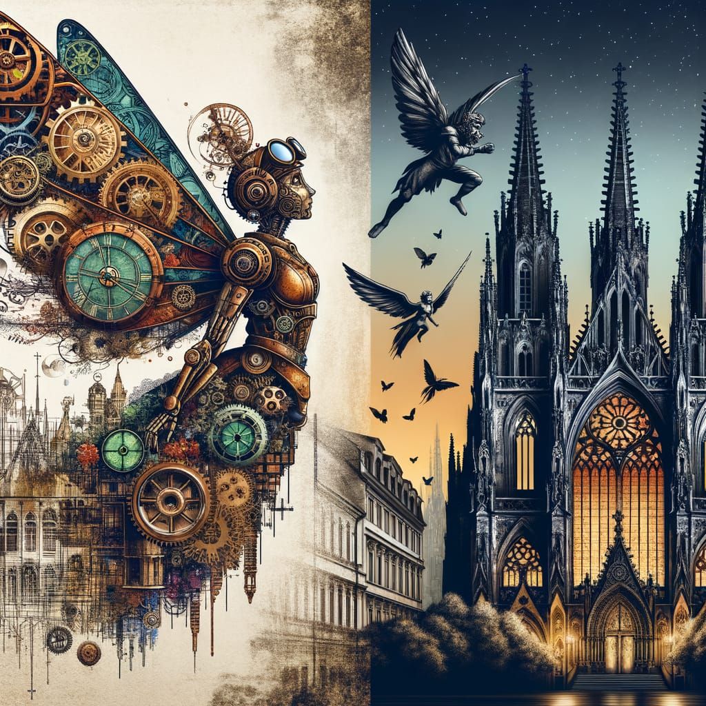 Steampunk Fairy Merges with Gothic Cathedral in Dark Fantasy...