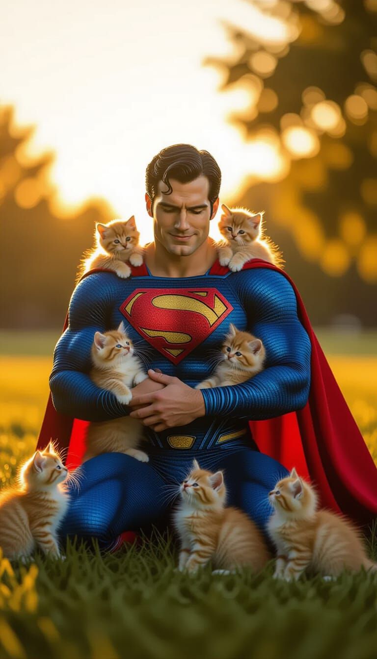 Superman and Kittens in Golden Sunset Light