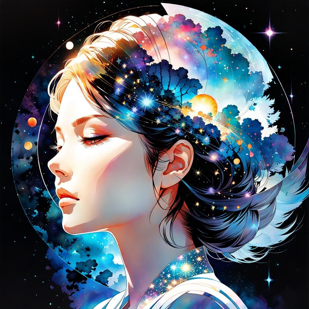 Cosmic Galaxy Woman Double Exposure Watercolor Portrait
