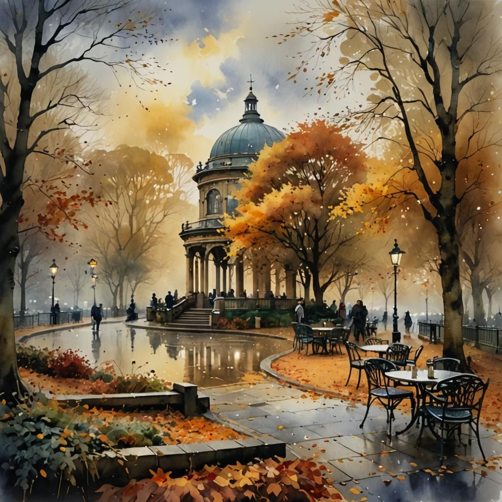 Cafe Rotunda in Autumn Park: Watercolor Impasto Painting