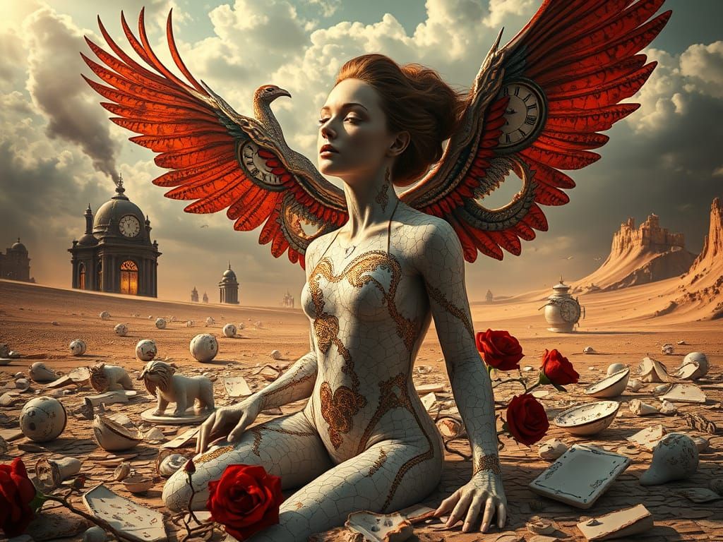 A Woman Rises from Shattered Dreams in a Haunting Dreamscape