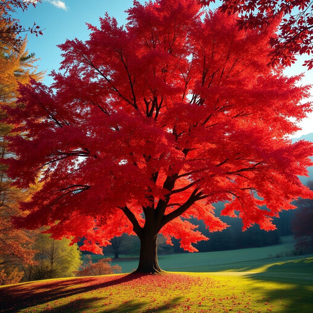 Vibrant Red Maple Tree in Autumnal Landscape