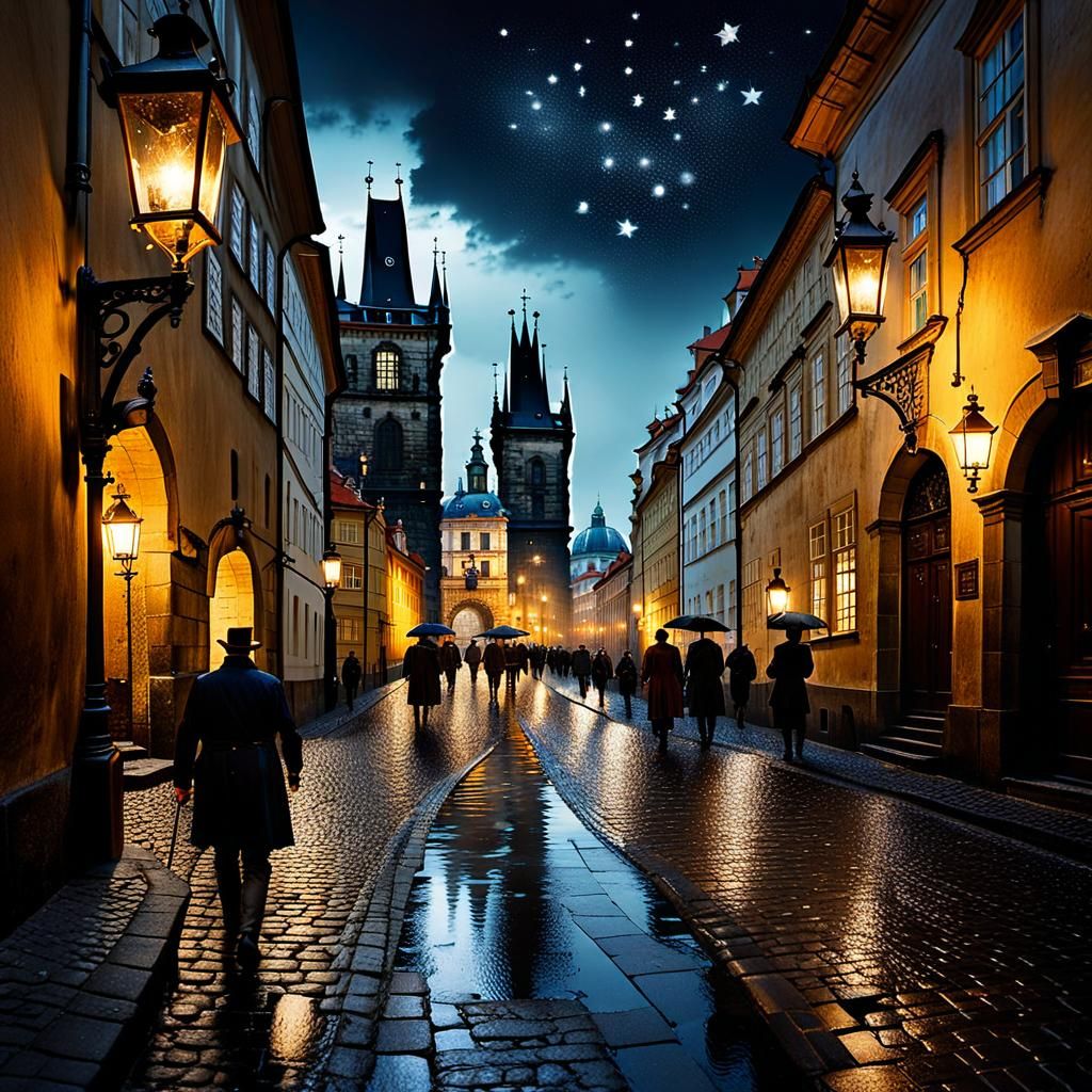 Prague's Malá Strana at Night in Matte Painting Style