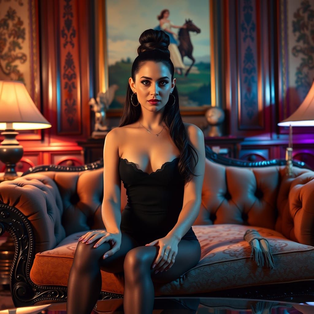 Elegant Woman in Colonial Room with Neon Accents