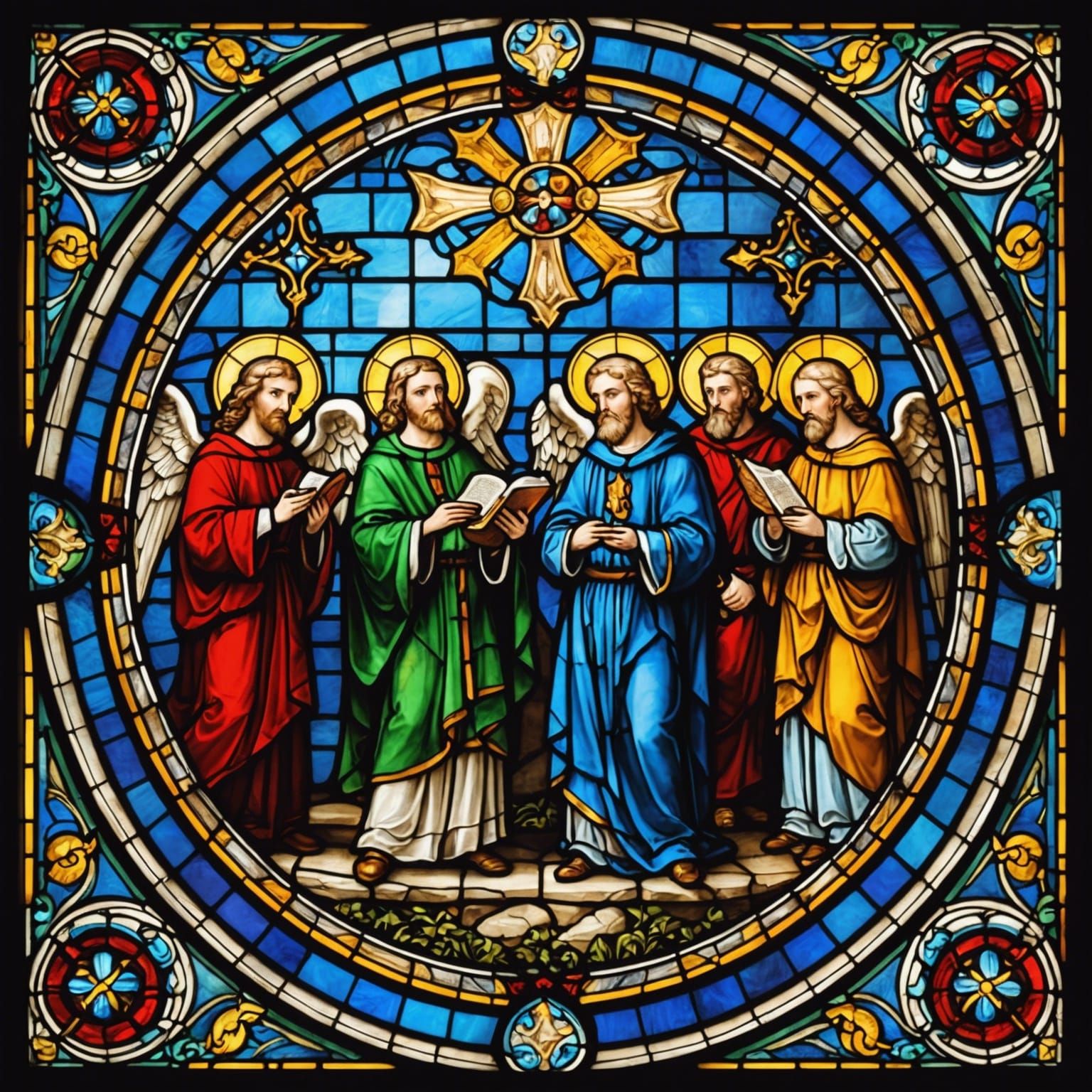Medieval Cathedral Stained Glass Window with Biblical Motifs