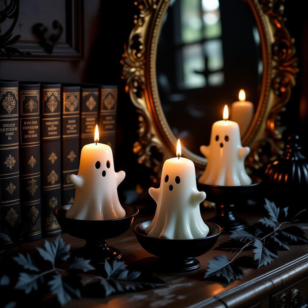 Halloween Still Life: Ghost Candles in Gothic Setting