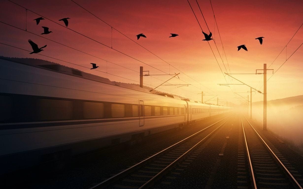 Dual Exposure Birds Over Train in Misty Valley