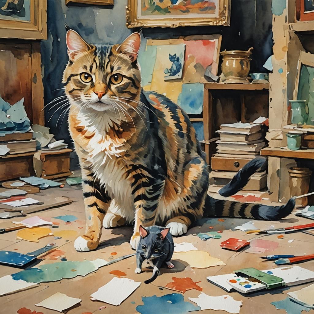 Forced Perspective Cat and Mouse in Gouache Style