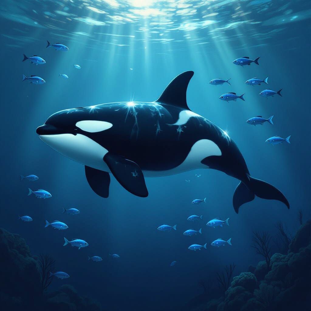 Orca-Blue Jay Hybrid in Deep Sea Bioluminescent World