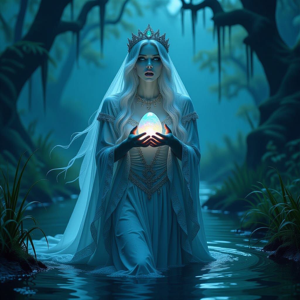 Ghostly Banshee in Opal Dress in Dark Swamp