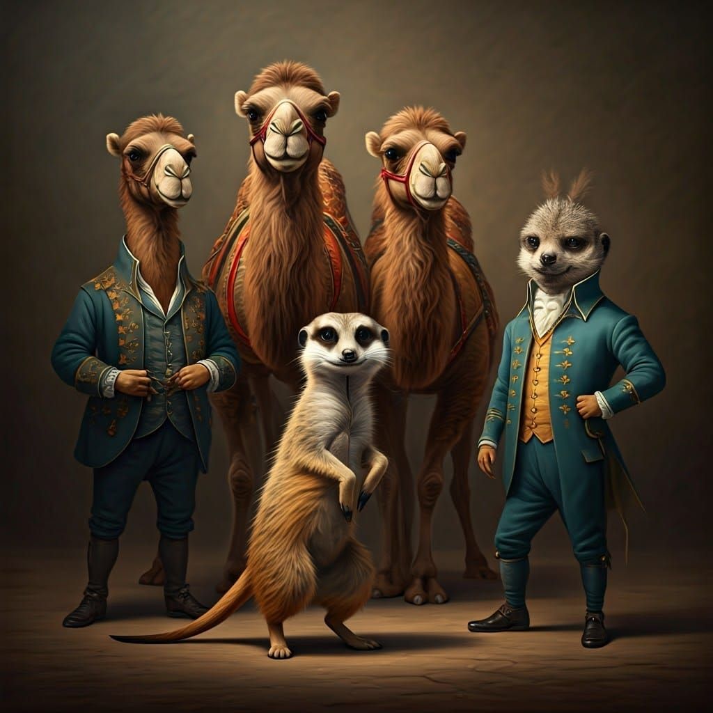 Classical Camel Portraits in Whimsical Breakdancing Setting