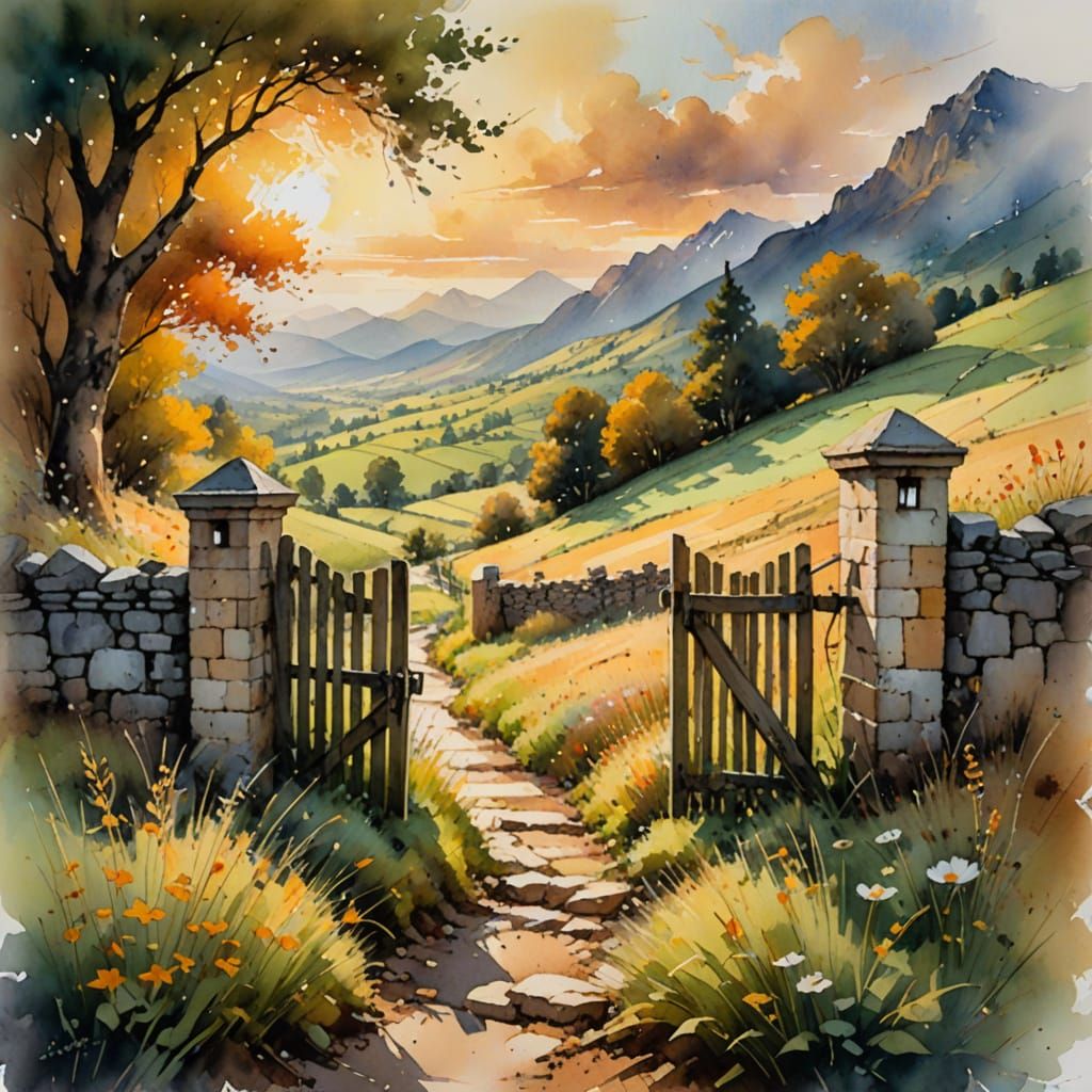 Rustic Gate to Autumn Valley at Sunrise
