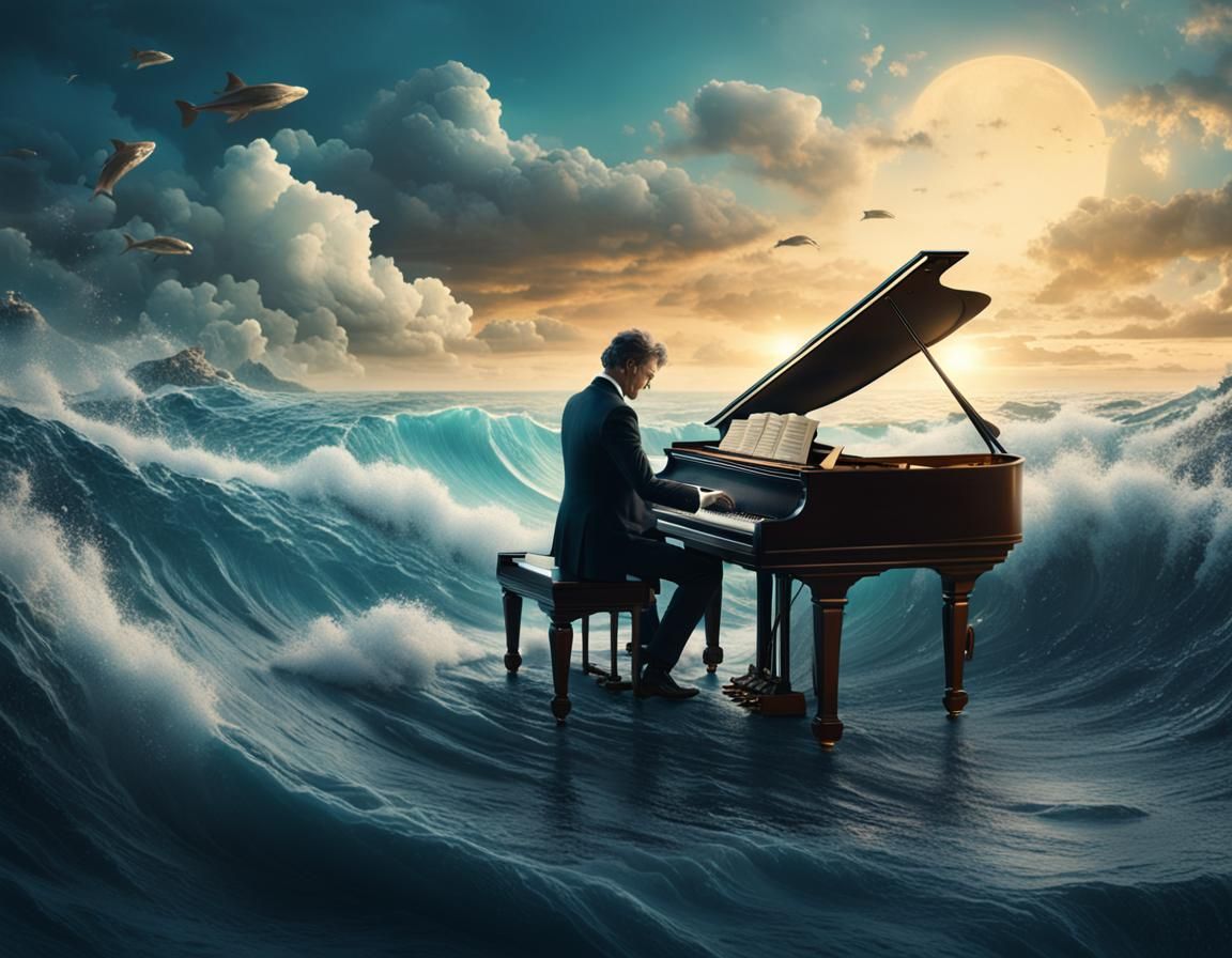 Surreal Pianist Rocks Ocean Waves in Detailed Painting