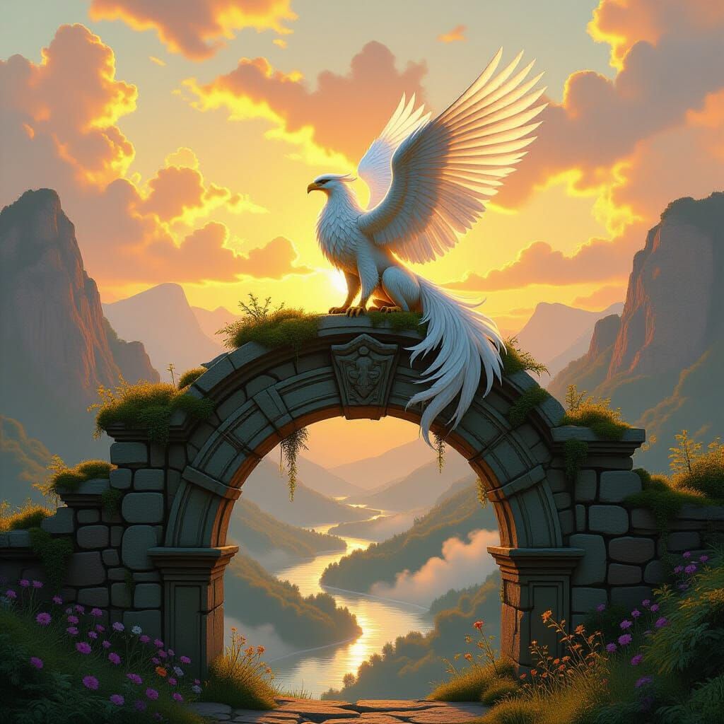 Griffin Perched Atop Ancient Archway at Sunset