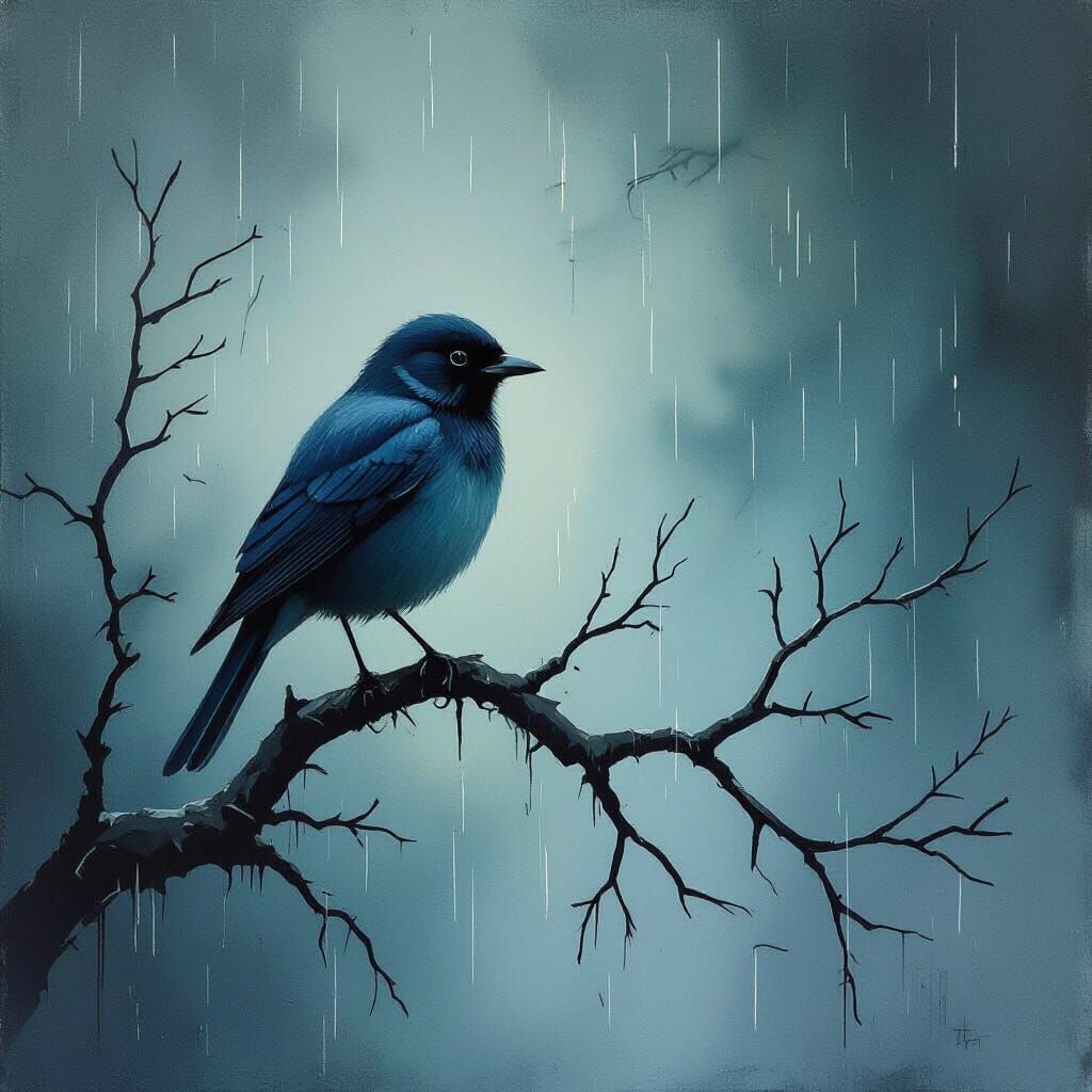 Melancholy Bird on Leafless Branch in Moody Watercolor Style