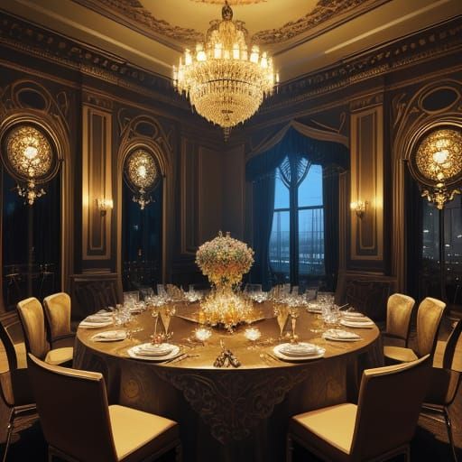 Ornate Ballroom with Glass Butterfly, Digital Art