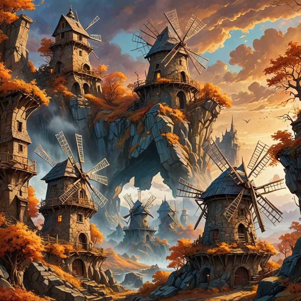 Autumn Windmill Ruins in Fantasy Art Style