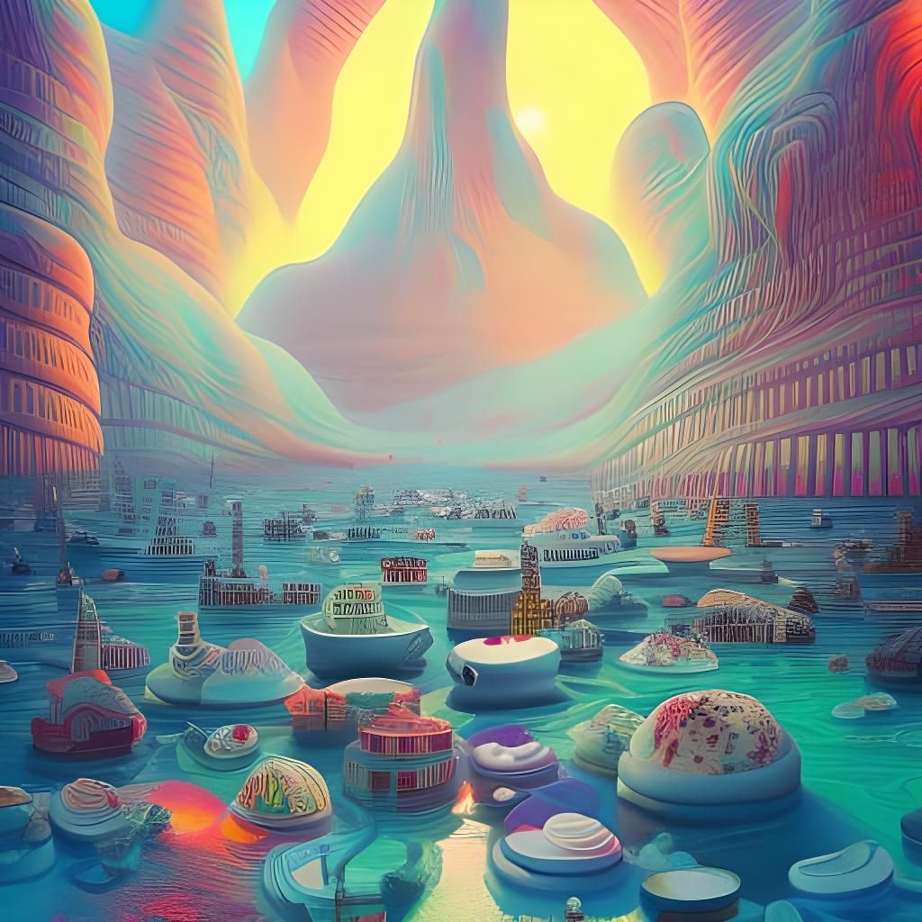 Surreal City of Melting Ice Cream Rivers in Pop Art