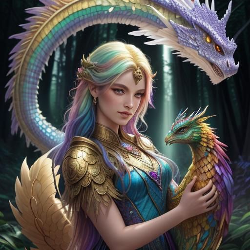 Ethereal Woman with Dragon Skin and Peacock Hair