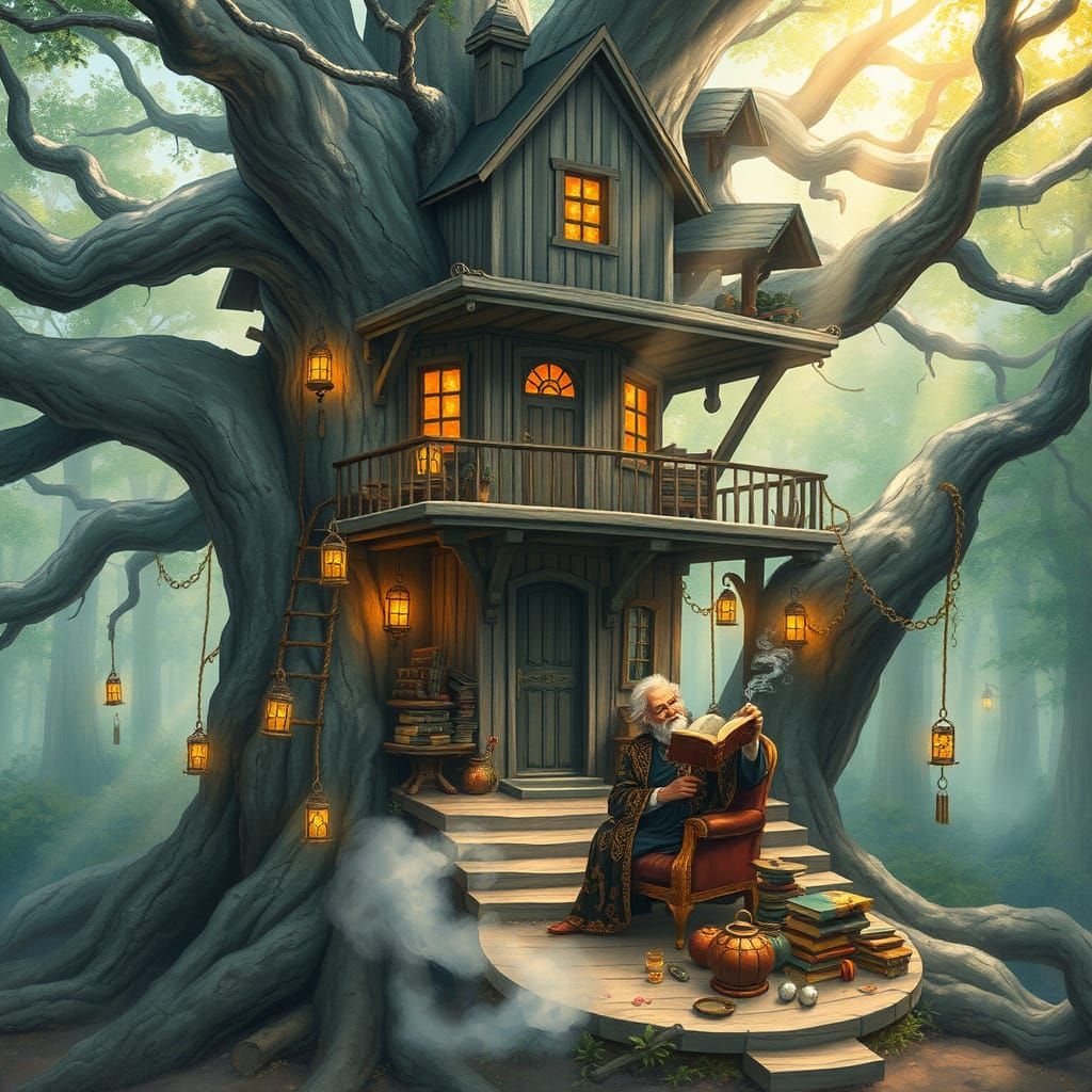 Whimsical Wizard's Treehouse Amidst Majestic Oak