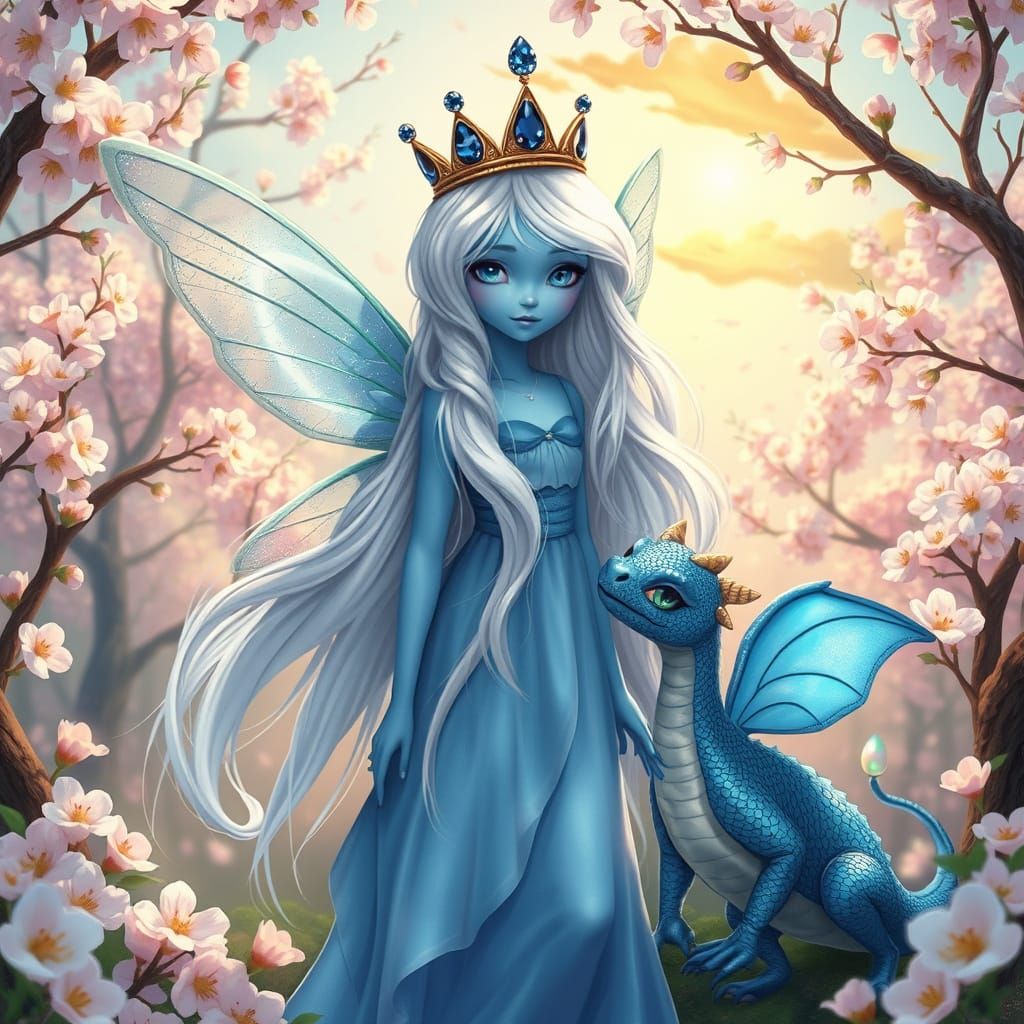 Serene Blue Fairy in Whimsical Cherry Blossom Forest
