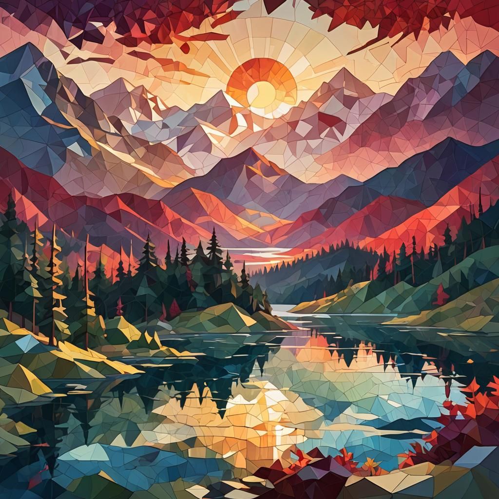 Low Poly Landscape with Shattered Sky in Watercolor Style