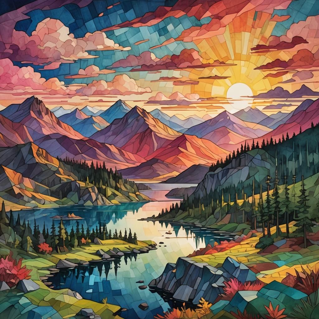 Vivid Low-Poly Landscape at Sunset in Watercolor Style