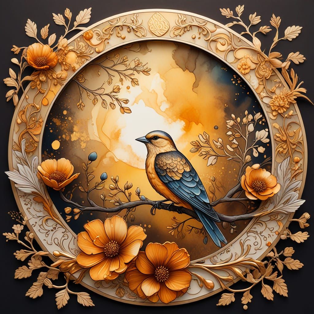 Baroque Ink Design: Bird on Tree with Flowers