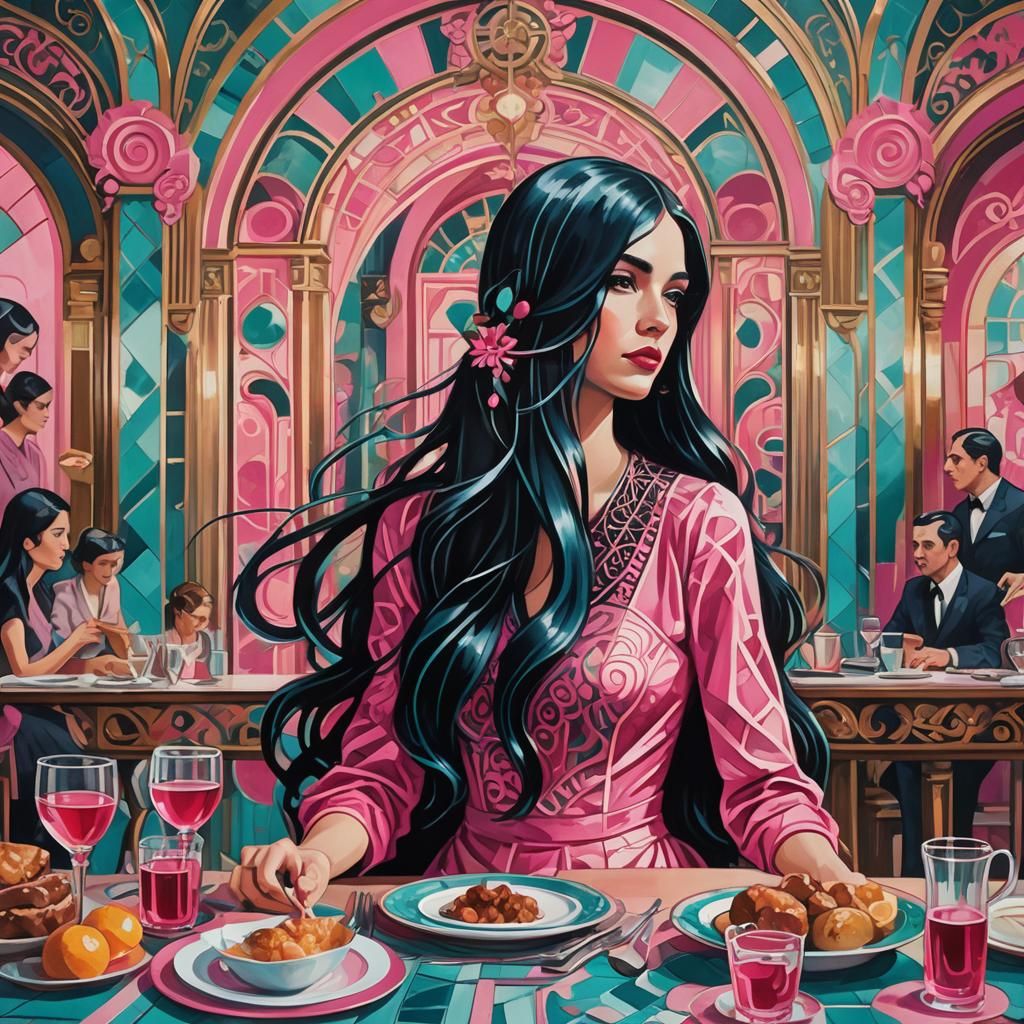 Jugendstil Girl at Christmas Dinner in Art Deco Style