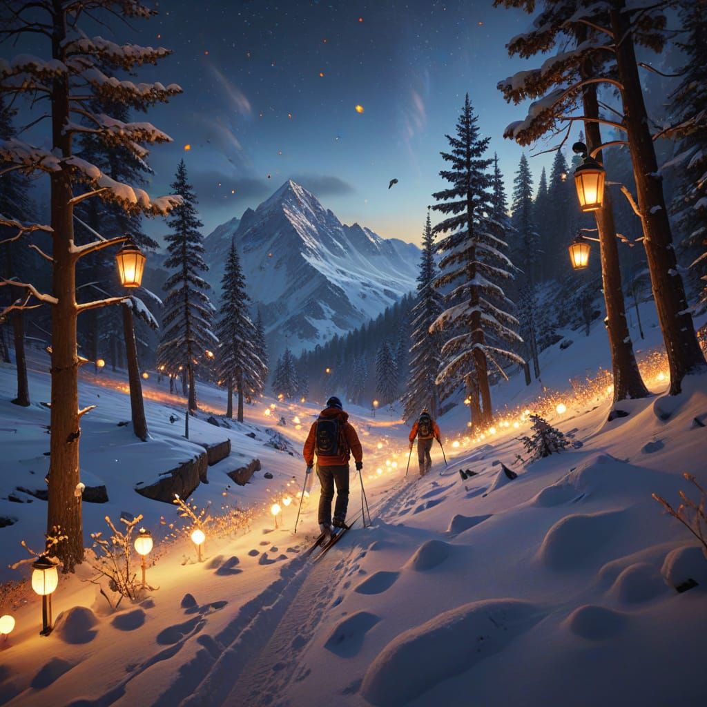 Skiers Descend Mountain with Lanterns: Digital Painting