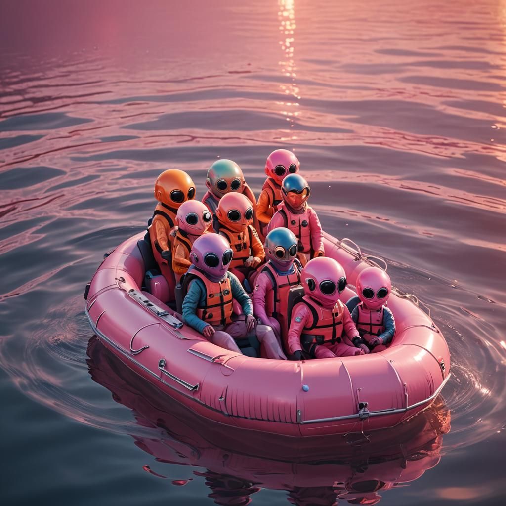 Cute Aliens in Life Raft at Sunset: Digital Art