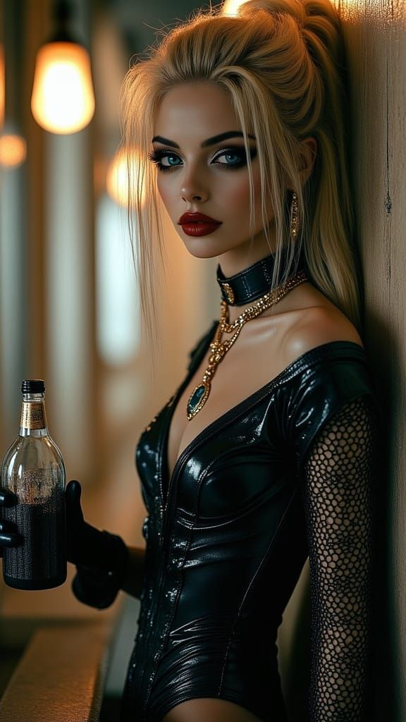 Woman Enjoying Booze in Futuristic Gothic Bar