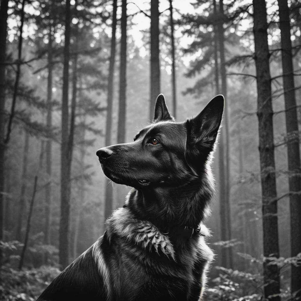 German Shepherd Silhouette Against Forest Backdrop