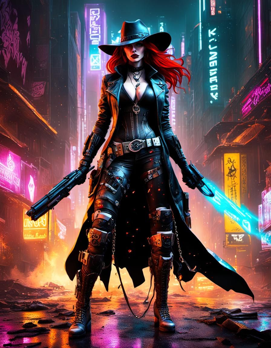 full body cyberpunk cowgirl gothwitch girl kitsune redhead c...