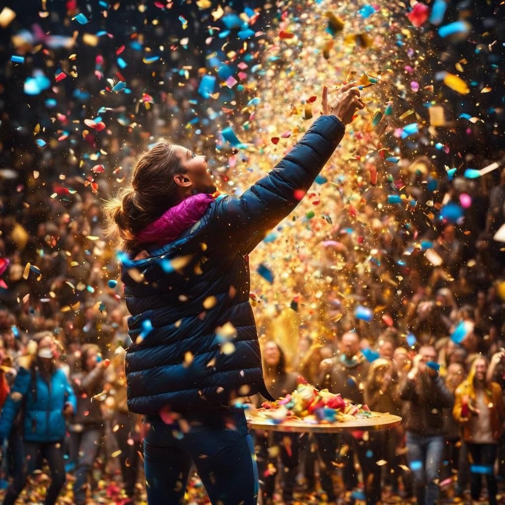 Maximalistic New Year Eve colorful Confetti explosion over some people , on an open square; Hyperrealistic, surrealisti...