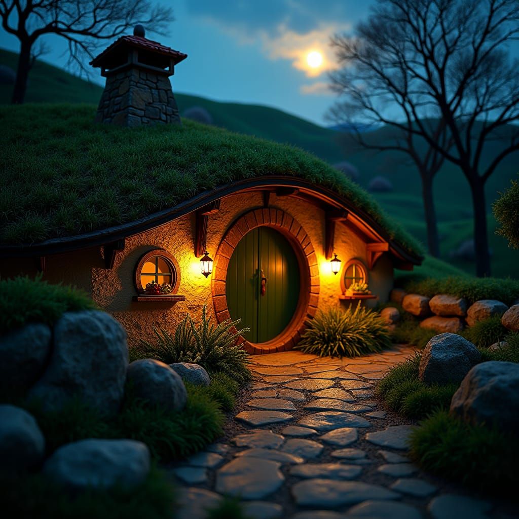 Cozy Hobbit House Lit at Night: Renaissance Style