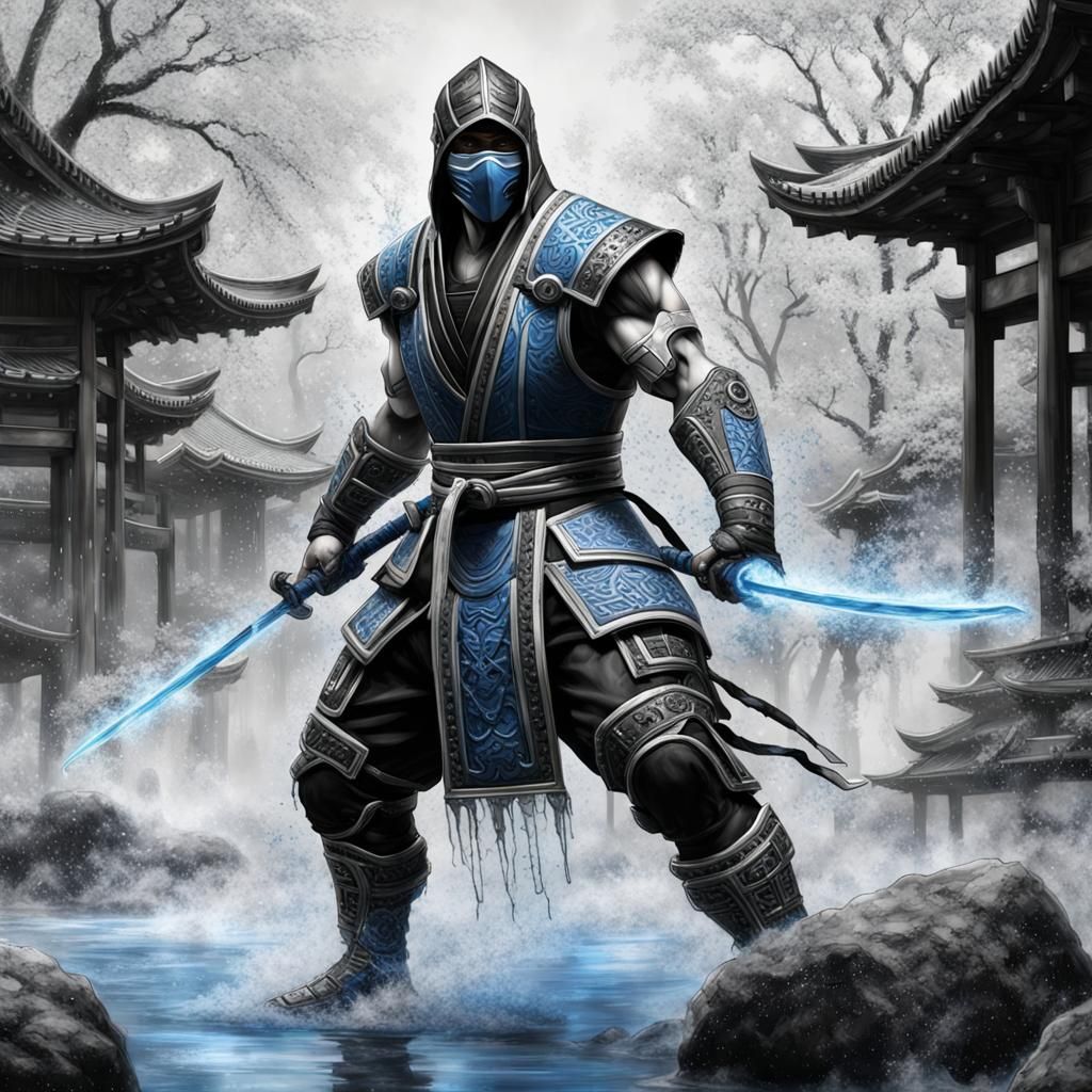 Monochrome Cyborg Ninja in Digital Splash Art