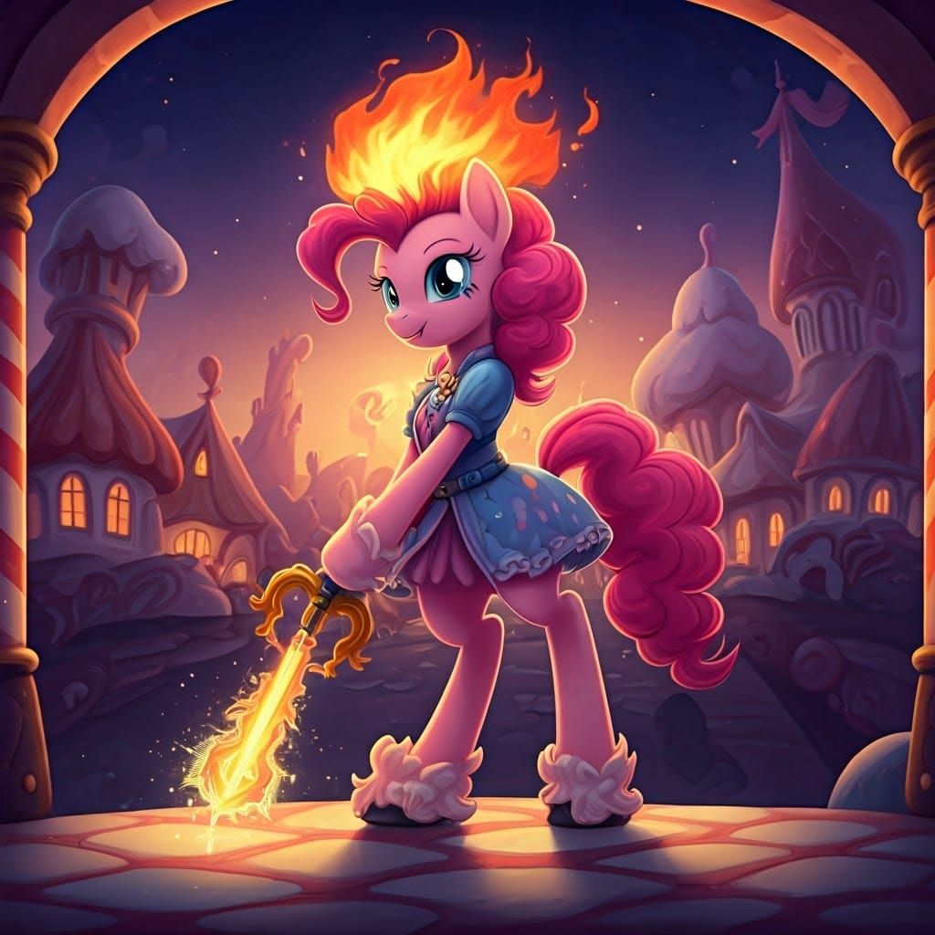 Vibrant Pony Mage Wields Keyblade in Whimsical Candyland