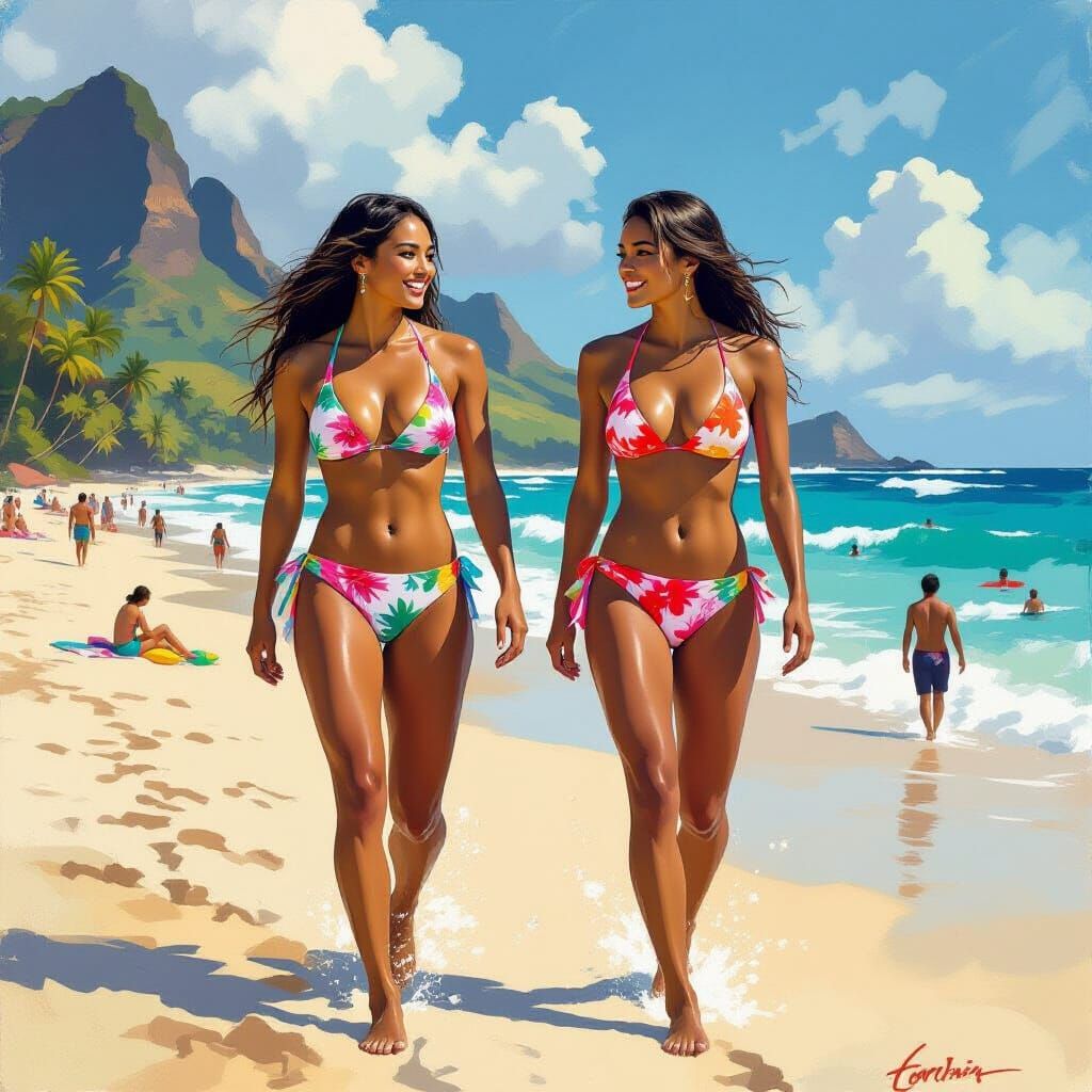 Hawaiian Surfers on Beach, Vibrant Colors, Dramatic Shadows