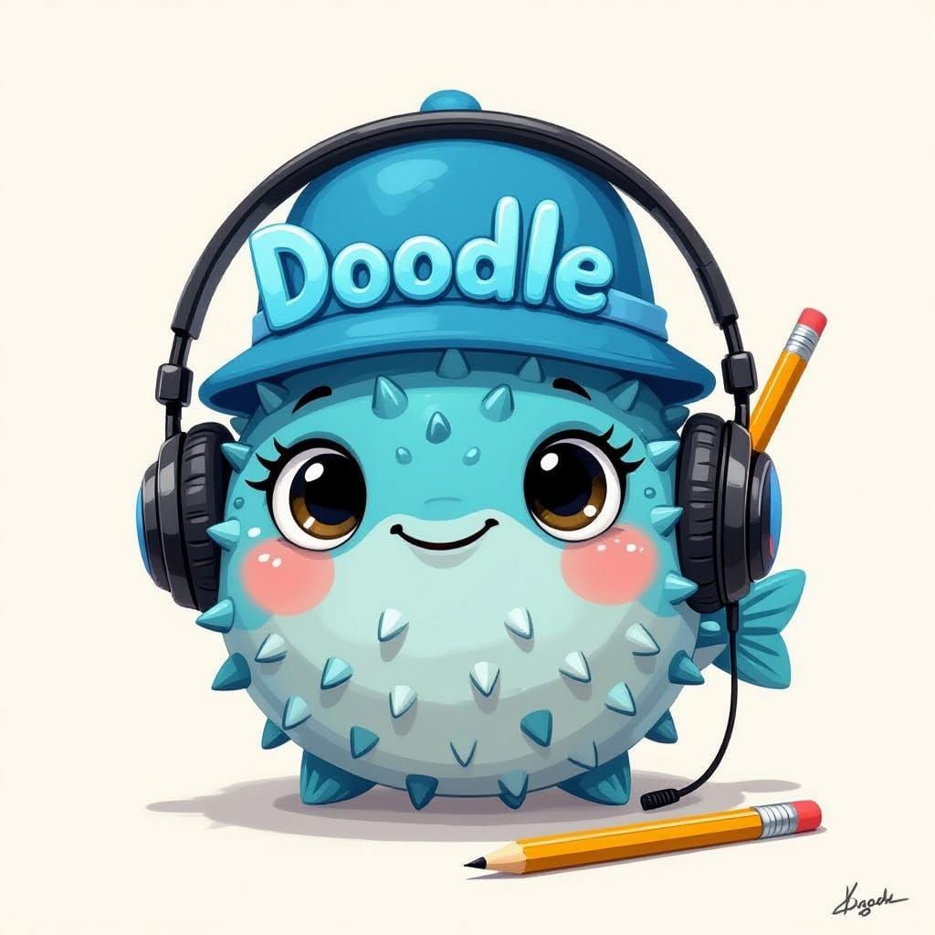 Cute Blue Pufferfish Doodle Art with Headphones and Pencil
