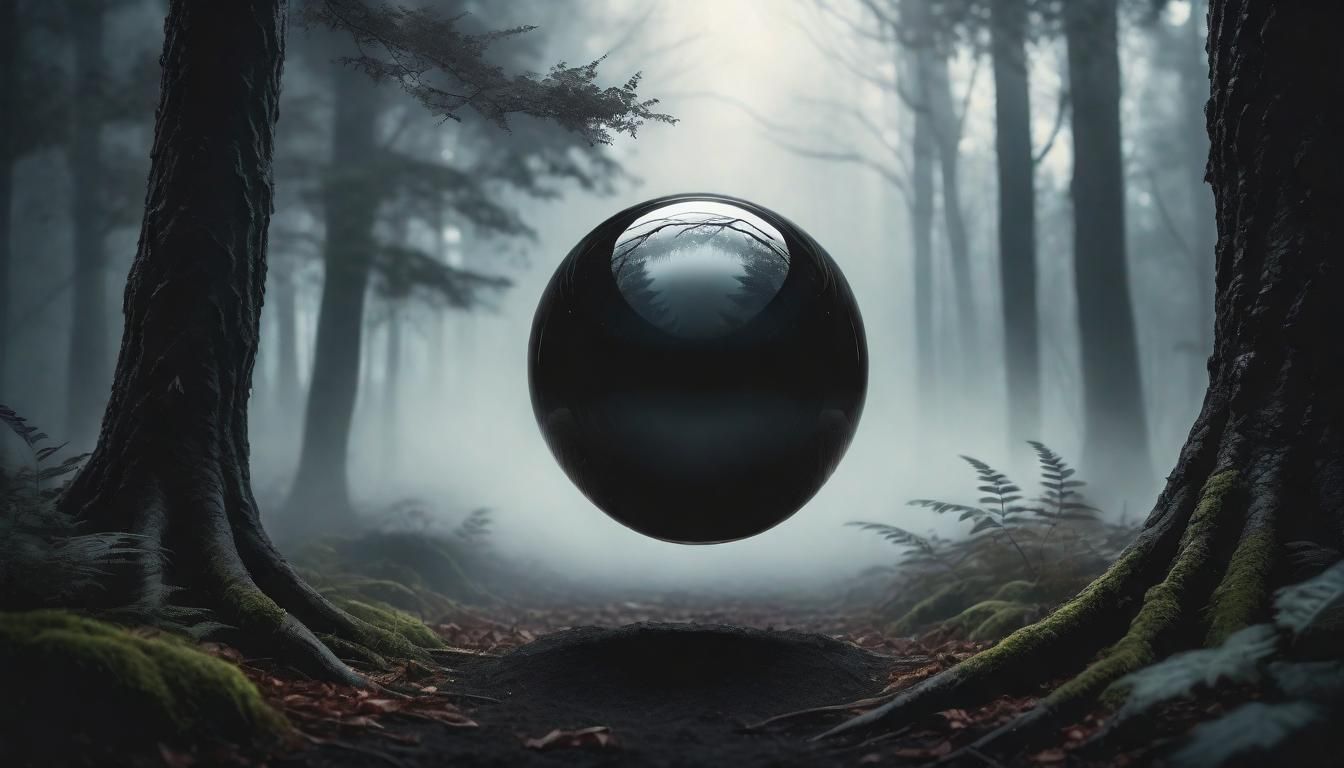 Obsidian Orb in Misty Dark Forest, Fantasy Art