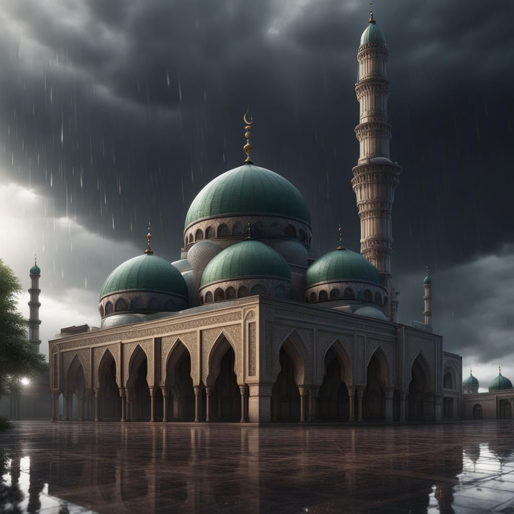 Hyperrealistic Mosque on a Rainy Day