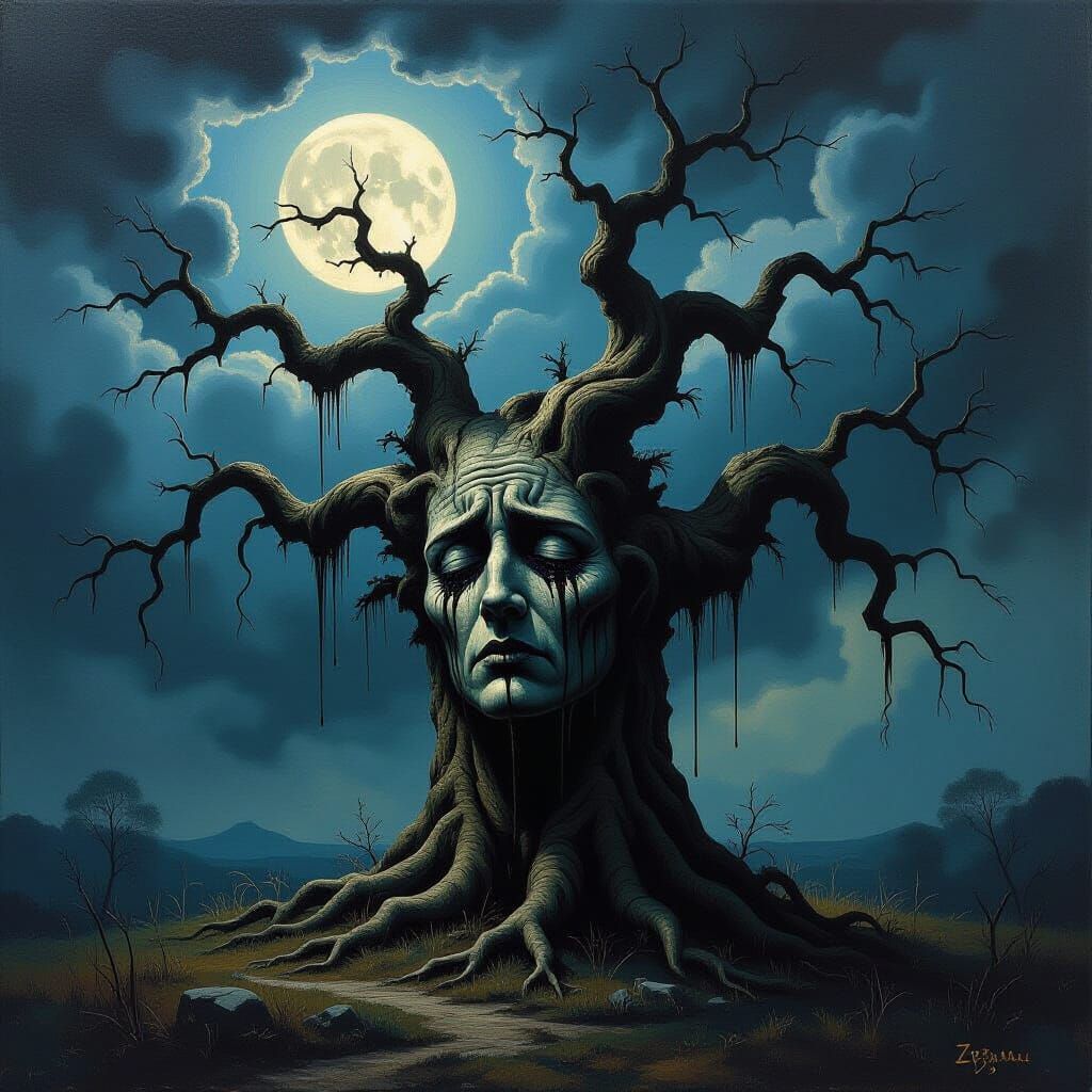 Gothic Tree Weeping Sap Oil Painting