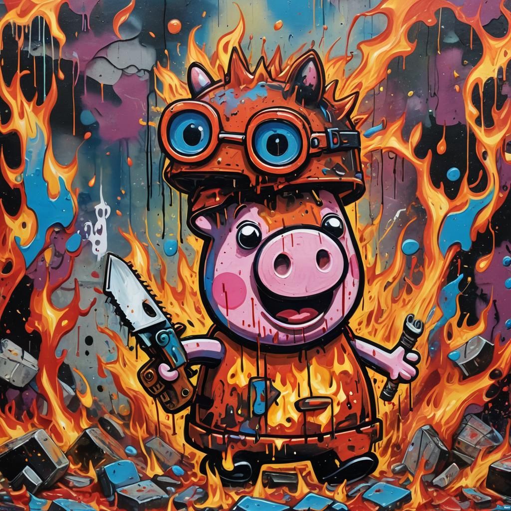 Fiery Peppa Pig Street Art in Burning Alleyway
