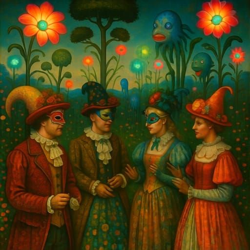 Surreal Garden Party in a Fantasy Landscape